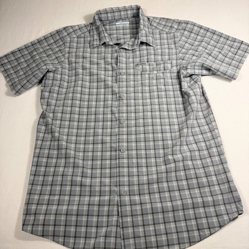 Columbia Plaid Shirt Medium Blue Grey Short Sleeve Stretch Outdoor Button Up